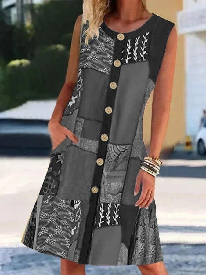 Women's Round Neck Sleeveless Printed Contrast Pocket Dress