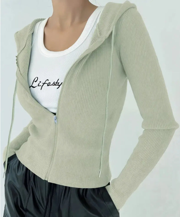 Women's Slim Fit Solid Color Hooded Jacket
